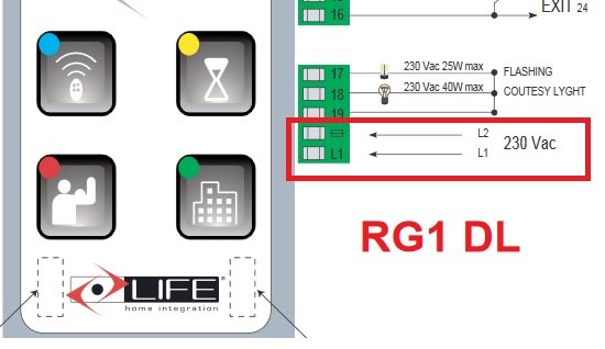 Elektrisk schematisk bild visar 230 V enfasmotorkoppling med etiketter L1 och L2 och RG1 DL-logotyp.