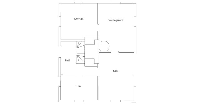 Ritning över en bostads planlösning som visar hall, kök, vardagsrum, sovrum och toalett.