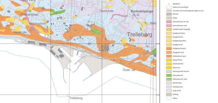 Geologisk karta över Trelleborg med färgkodade marktyper, inklusive postglacial sand och svallsediment grus.