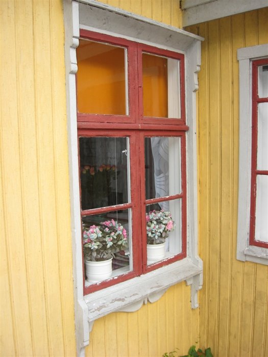 Gult trähus med ett öppet fönster ramat i rött, med vita blomkrukor på fönsterbrädan.