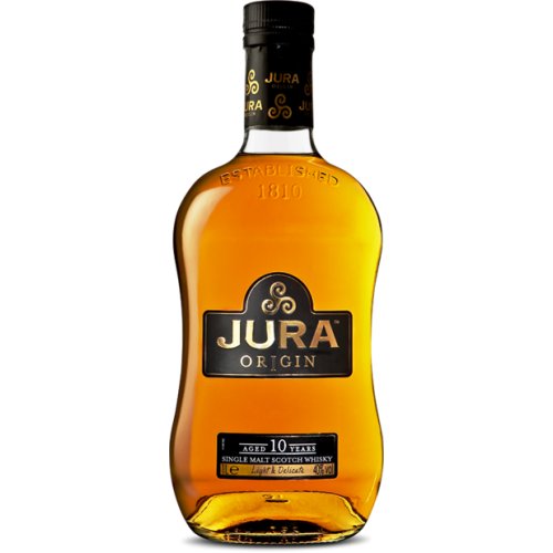 Flaska Jura Origin 10 år gammal Single Malt Scotch Whisky mot vit bakgrund.