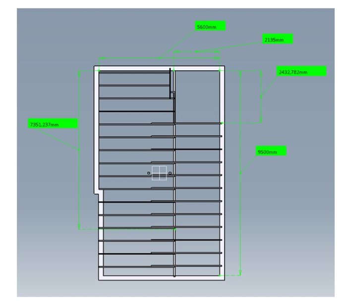 3D-konstruktionsritning av en husplan med måttangivelser.