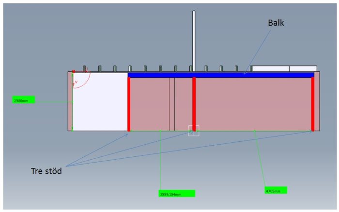 3D-ritning av hus med måttangivelser, balk och tre stödpelare i en utbyggnad.