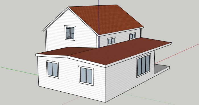 3D-modell av hus med vit fasad och utbyggnad med platt tak.