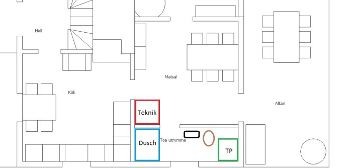 Ritning av bostadsplan med markerat teknikrum, dusch och toalett.