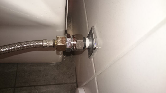 WC-vattenanslutning med flexibel slang och väggbricka vid toalett.