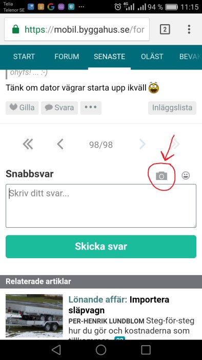 Skärmdump av diskussionsforum med markerad kameraknapp för att ladda upp bilder.