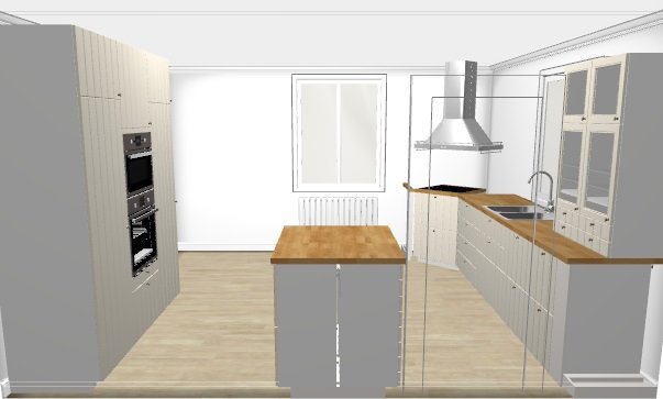 3D-ritning av ett kök med inbyggda vitvaror, spisfläkt, träbänkskiva och en köksö.