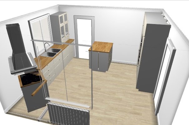 3D-skiss av ett kök med köksö, skåp, kyl och frys, i planeringsfasen.