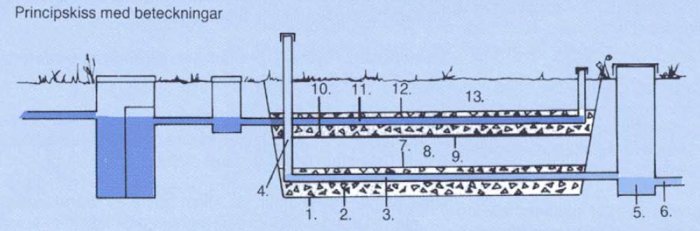 Principskiss för markbädd med slamavskiljare, spridarledningar och lag såväl som utlopp och beteckningar.