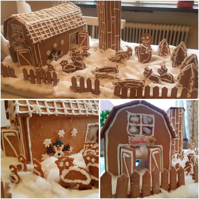 En pepparkaksgård med hus, staket, träd och pepparkaksgubbar dekorerade som bondgårdens djur och människor.