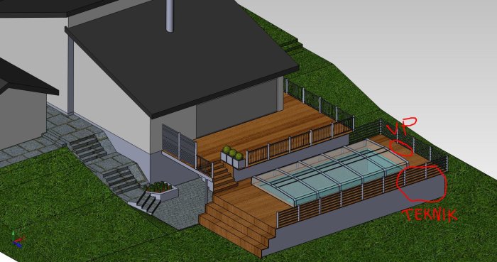 3D-modell av trädgård med pool, trädäck och markerat teknikrum under trallen.