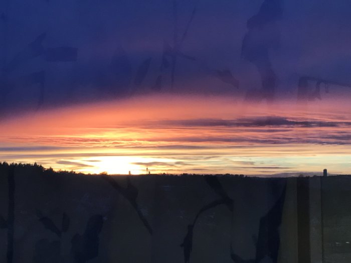 Solnedgång med intensivt rosa och orange himmel sett genom ett fönster från hög byggnad.