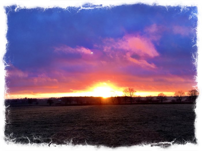 Färggrann solnedgång med levande rosa och orange toner över ett öppet fält.