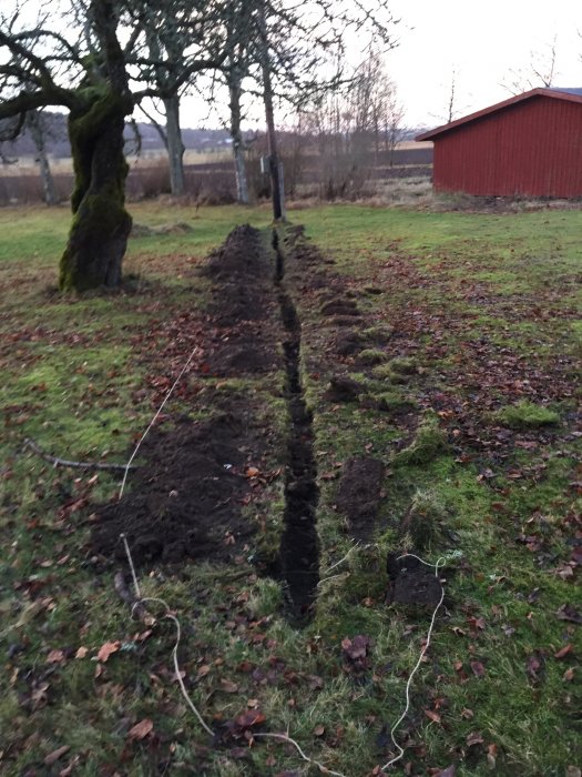 Grävd dike i en trädgård för att lägga ner fiberkabel, med spadtagen synliga i gräset.