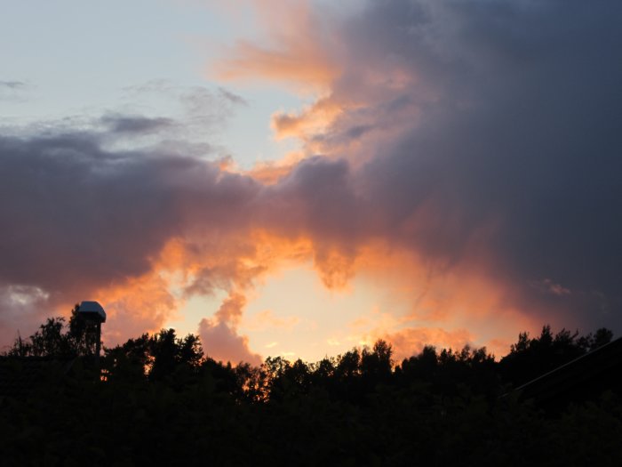 Dramatisk solnedgång med orange och lila moln över silhuetter av träd och hustak.