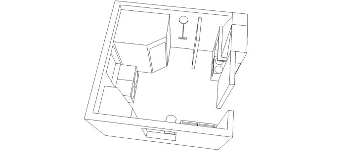 Ritning av ett tvättstuga-layout med plats för tvättmaskiner, bastu, varmvattenberedare och vedspis.