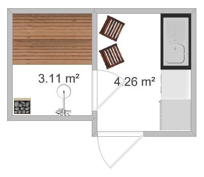 Ritning av ett kombinerat badrum och bastu med måttangivelser och inredningsföremål som bastubänkar och dusch.