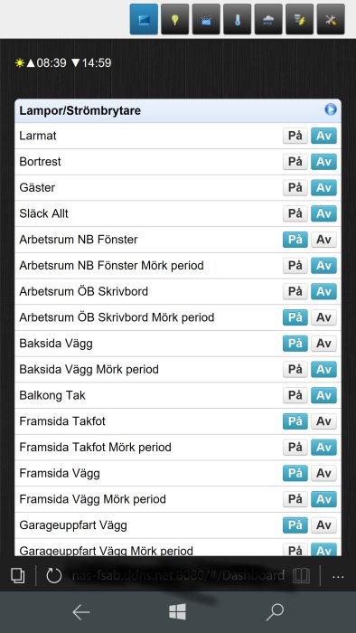 Skärmdump av användargränssnitt för belysning och strömbrytare med knappar för "På" och "Av".