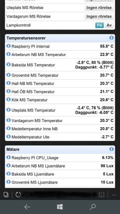 Skärmdump av en hemautomationssystemapplikation som visar temperatur- och ljussensorvärden.