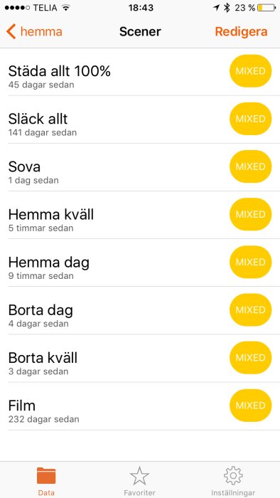 Skärmdump av iPhone-appen 'pilot' som visar användargränssnittet för olika scener som heter "Städa allt", "Släck allt", "Sova" m.m.