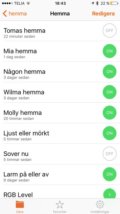 Skärmdump av iPhone-appen 'Hemma' som visar olika statusar som 'på' eller 'av'.