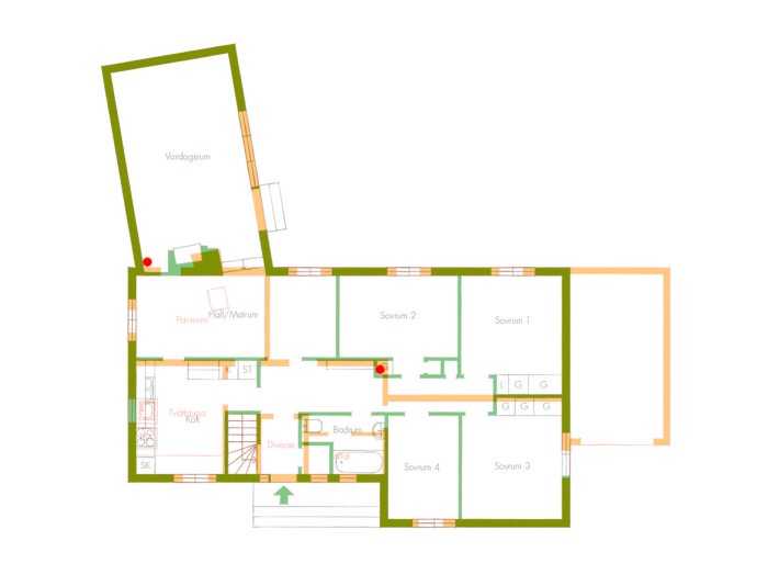 Planritning av ett hus med markplan i grönt, källare i rödgult, och röda prickar där borrning utförts.