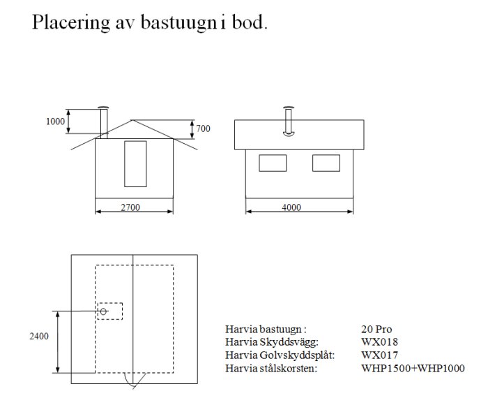 Svartvit byggritning av bastu med dimensioner, inkluderar lista över Harvia-produktnamn.