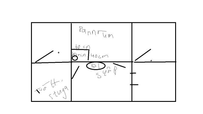 Handritad skiss av en rumsindelning med dimensioner och text "Pannrum", "Tvätt/Stuga", och "Dusch".