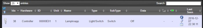 Skärmdump av Domoticz gränssnitt visande en enhet benämnd "Lampknapp" med typ "Light/Switch" och status "Off".