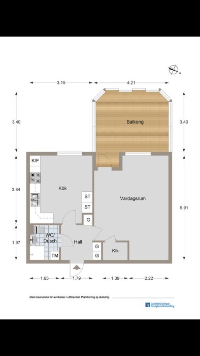 Ritning av lägenhet som visar kökets och vardagsrummets placering relaterat till väggen som kan vara bärande.