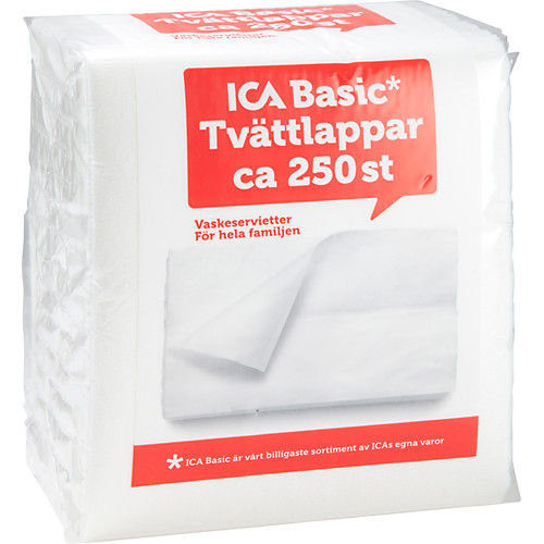 Förpackning av ICA Basic tvättlappar med texten "Tvättlappar ca 250 st" och "Våtservietter för hela familjen".