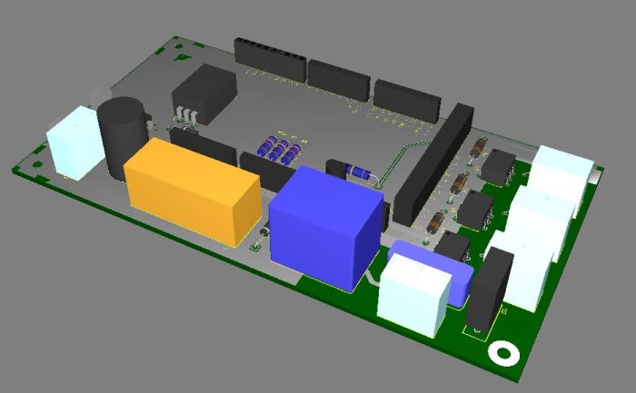 CAD-bild av ett designat kretskort med olika elektroniska komponenter i färg.