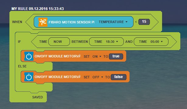 Skärmdump av automation regel med Fibaro rörelsesensor som styr motorvärmaren baserat på temperatur och tid.