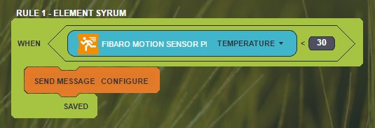 Automatiseringsregel för temperaturövervakning: Fibaro Motion Sensor PI, temperatur under 30 grader, skicka pushmeddelande.