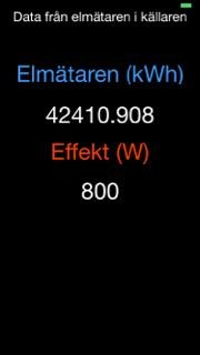 Skärmbild från iPhone visar elmätarens realtidsdata med kwh och effektvärden.