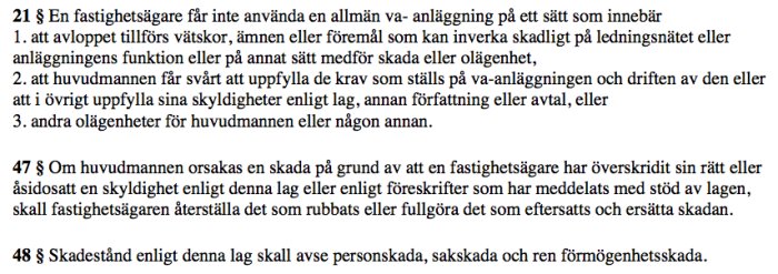 Bild av text från Lag om allmänna vattentjänster som diskuterar fastighetsägares ansvar vid skada på ledningsnät.
