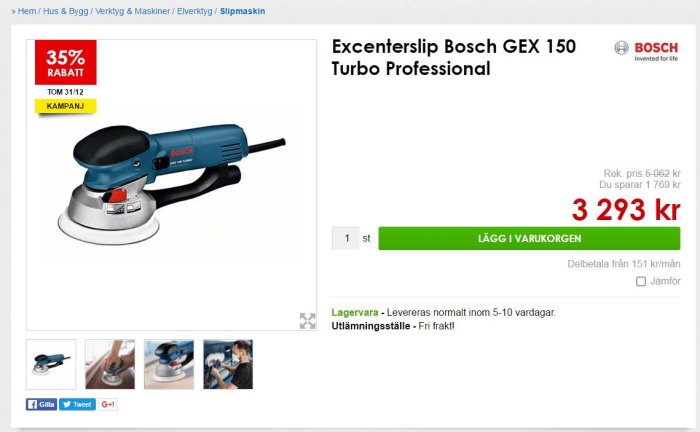 Excenterslipmaskin Bosch GEX 150 Turbo Professional på kampanj, med pris och köpknapp.