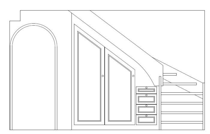 Skiss av en halltrappa med integrerade garderober och lådor designade för att smälta in och maximera utrymmet.