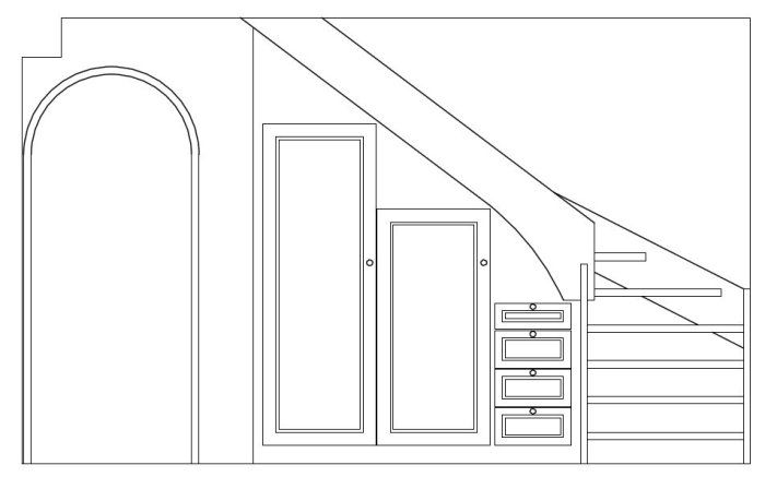 Ritning av väggsektion med trappa, standarddörr, sned dörr och inbyggda lådor.