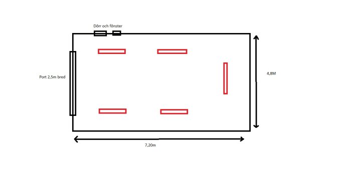 Grovvskiss av garage med planerad placering för lysrörsarmaturer, dörr och fönster markerade.