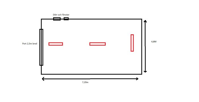 Skiss av garage med planerade positioner för lysrörsarmaturer, dörr, fönster och måttangivelser.