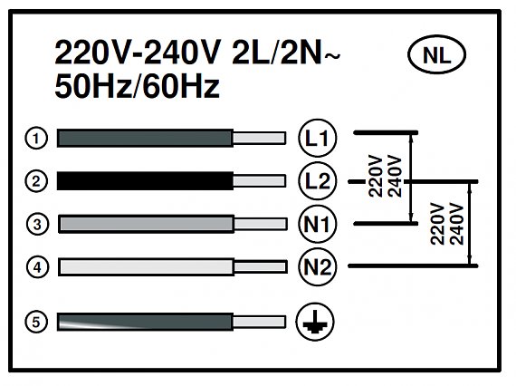 Elkopplingsschema med fem kablar i olika färger och deras anslutningar för 220V-240V.