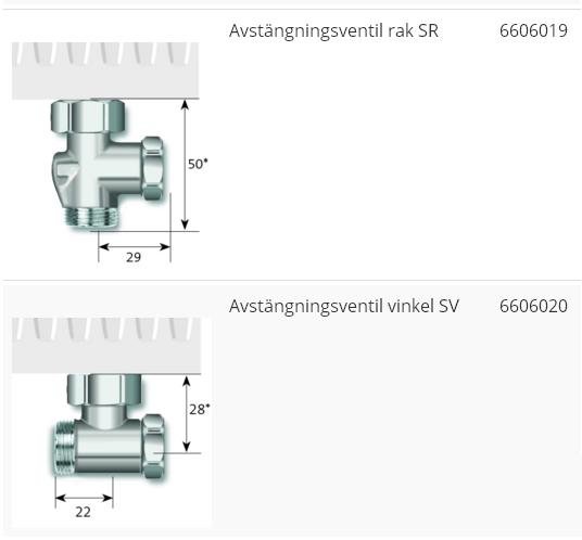 Två tekniska ritningar av avstängningsventiler, en rak och en vinklad modell, med måttangivelser.