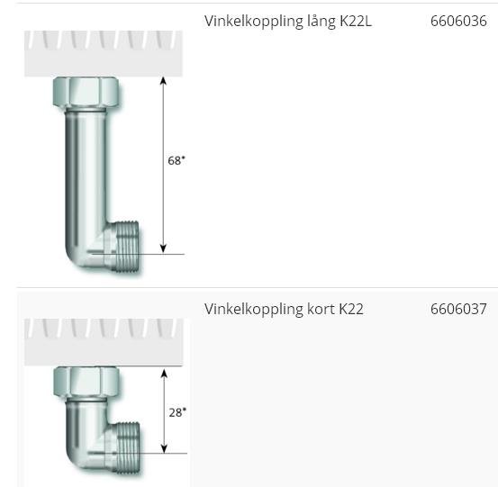 Två vinkelkopplingar för rörinstallation, en lång och en kort modell, båda i silverfärg.