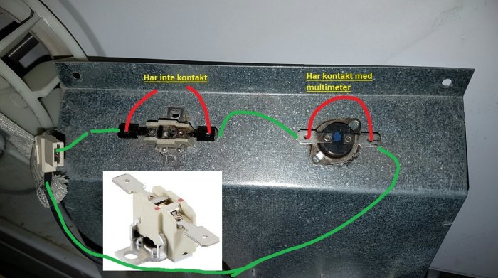 Inre del av torktumlare med öppnat värmeelement, märkta kontaktpunkter och kablar.