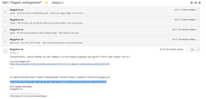 Skärmdump av en e-postnotifikation från Bygghaus.se med flera svar i forumtråden "Dagens verktygsinköp".