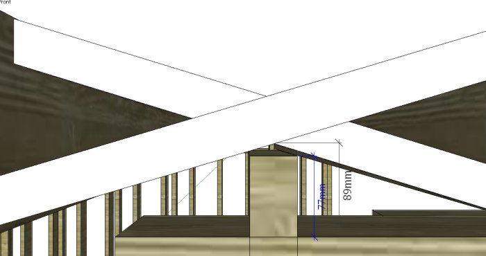 CAD-ritning av en korsningsdetalj för bjälklag med måttangivelser, inklusive en 89 mm regel.