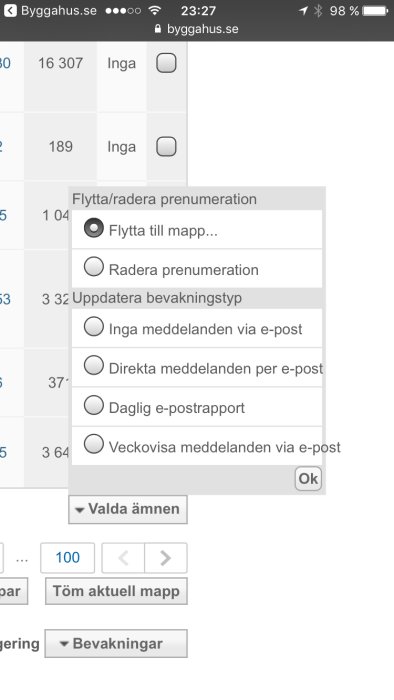 Skärmdump av bevakningsinställningar på byggforum med alternativ för e-postnotifieringar väljs.