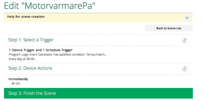 Skärmbild av gränssnitt för att redigera en automationsscen, med texten "Edit 'MotorvärmarePa'" och steg för triggare och åtgärder.